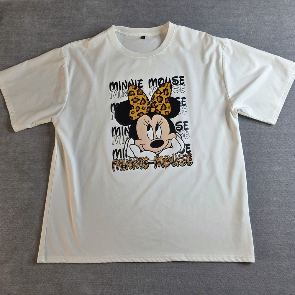 Disney Minnie Mouse Graphic Tee Women XXL White Leopard Animal Print Bow Shirt